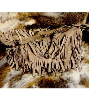 Ray Beams Fringe Vegan Suede Leather Beige Stud Lined Zip Bag Shoulder Bag